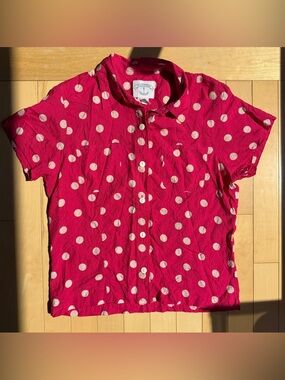 Vintage 100% Silk Pink Polka Dot Short Sleeve Button Down Blouse Size Medium